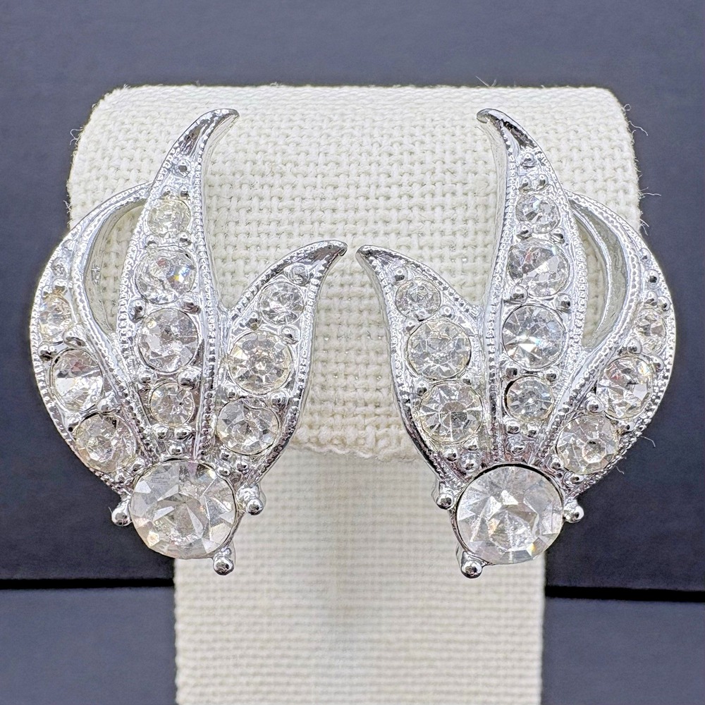 Vintage Sarah Coventry Clear Rhinestone Clip On Earrings Silver Tone